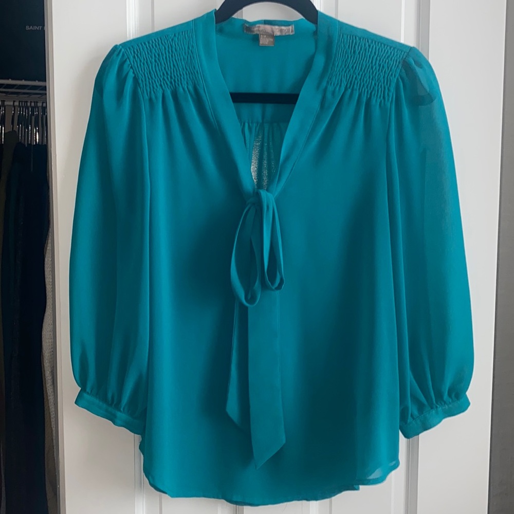 Teal sheer blouse with bow